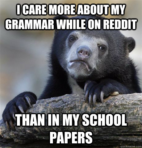 I care more about my grammar while on reddit than in my school papers - I care more about my grammar while on reddit than in my school papers  Confession Bear