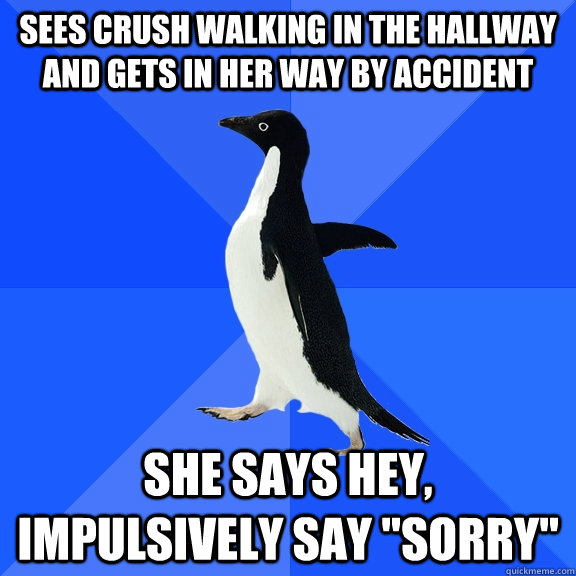 sees crush walking in the hallway and gets in her way by accident she says hey, impulsively say 