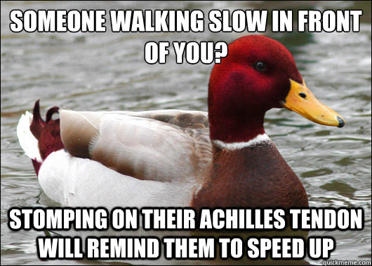 Someone walking slow in front of you?
 stomping on their Achilles tendon will remind them to speed up  Malicious Advice Mallard