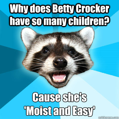 Why does Betty Crocker have so many children? Cause she's
'Moist and Easy'  Lame Pun Coon