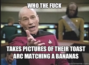 who the fuck Takes pictures of their toast arc matching a bananas  Annoyed Picard