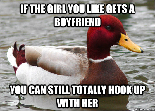 If the girl you like gets a boyfriend you can still totally hook up with her  Malicious Advice Mallard