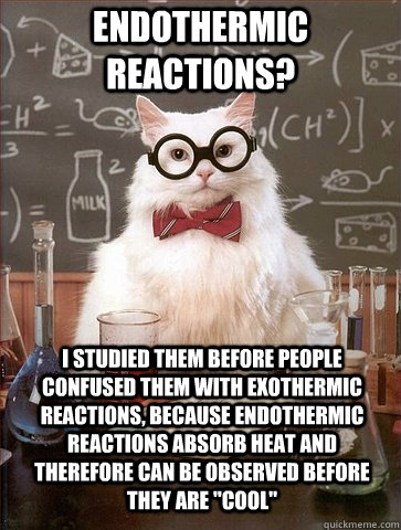 Endothermic Reactions? I studied them before people confused them with exothermic reactions, because endothermic reactions absorb heat and therefore can be observed before they are 