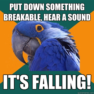 put down something breakable, hear a sound it's falling!  Paranoid Parrot