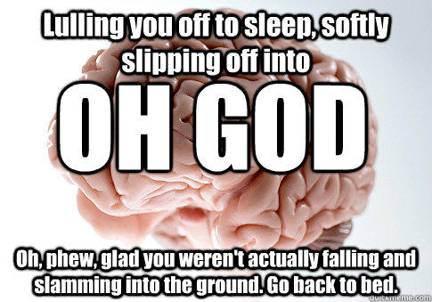 Lulling you off to sleep, softly slipping off into Oh, phew, glad you weren't actually falling and slamming into the ground. Go back to bed. OH GOD - Lulling you off to sleep, softly slipping off into Oh, phew, glad you weren't actually falling and slamming into the ground. Go back to bed. OH GOD  Scumbag Brain