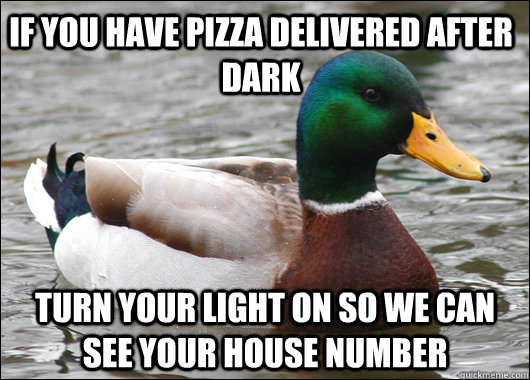 if you have pizza delivered after dark turn your light on so we can see your house number  Actual Advice Mallard