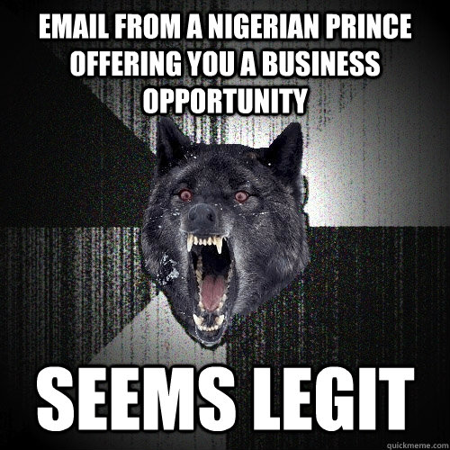 email from a nigerian prince offering you a business opportunity seems legit  Insanity Wolf