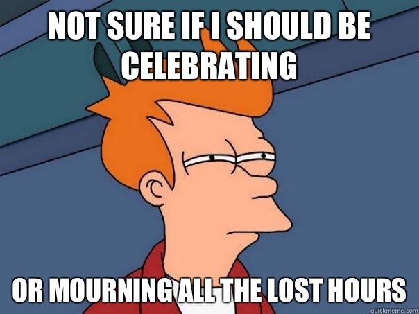 Not sure if I should be celebrating Or mourning all the lost hours  Futurama Fry
