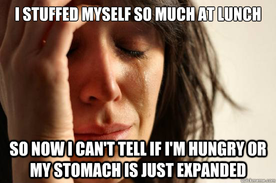 I stuffed myself so much at lunch so now i can't tell if i'm hungry or my stomach is just expanded   First World Problems
