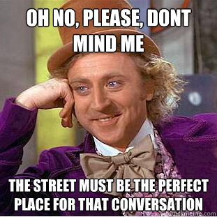 oh no, please, dont mind me the street must be the perfect place for that conversation  Condescending Wonka
