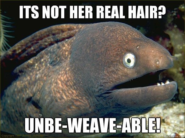 its not her real hair? unbe-weave-able!  Bad Joke Eel