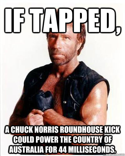 If tapped, a Chuck Norris roundhouse kick could power the country of Australia for 44 milliseconds.  Anti-Chuck Norris Facts