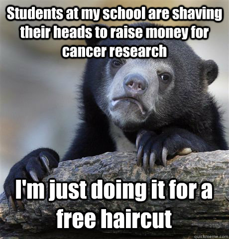 Students at my school are shaving their heads to raise money for cancer research I'm just doing it for a free haircut  Confession Bear