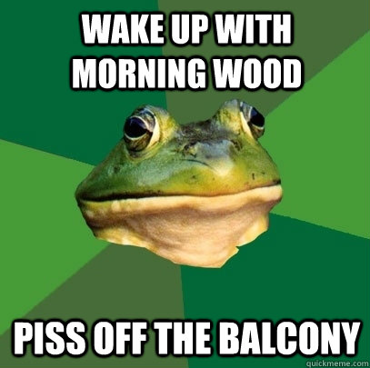 wake up with morning wood piss off the balcony  Foul Bachelor Frog