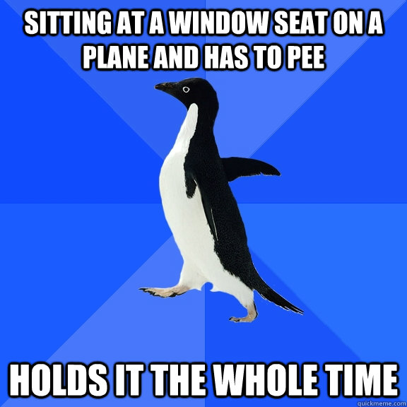 Sitting at a window seat on a plane and has to pee Holds it the whole time  Socially Awkward Penguin