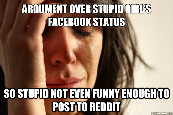 argument over stupid girl's facebook status so stupid not even funny enough to post to reddit  First World Problems