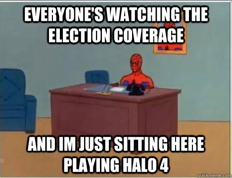 Everyone's watching the election coverage and im just sitting here playing halo 4  Spiderman Desk