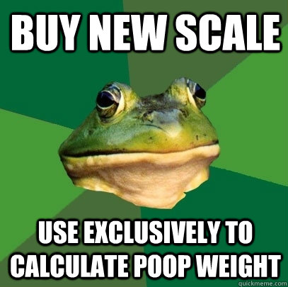 buy new scale use exclusively to calculate poop weight  Foul Bachelor Frog