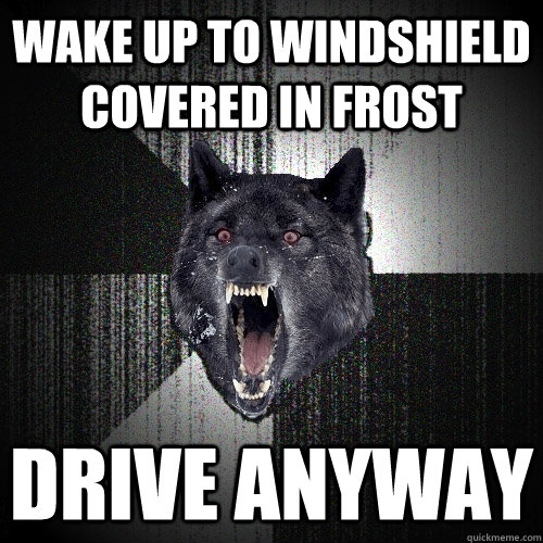 Wake up to windshield covered in frost drive anyway  Insanity Wolf