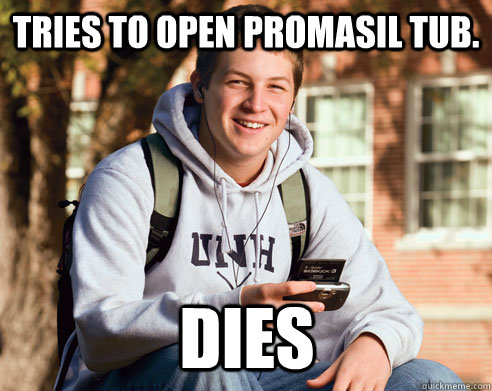 Tries to open Promasil Tub. Dies  College Freshman