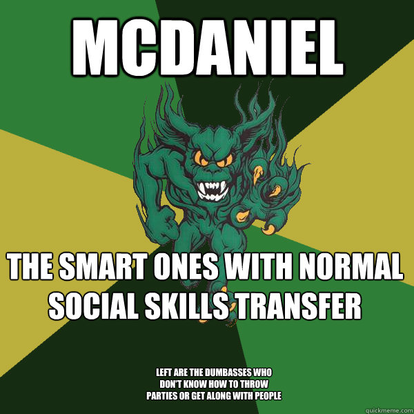 mcdaniel the smart ones with normal social skills transfer left are the dumbasses who don't know how to throw parties or get along with people - mcdaniel the smart ones with normal social skills transfer left are the dumbasses who don't know how to throw parties or get along with people  Green Terror
