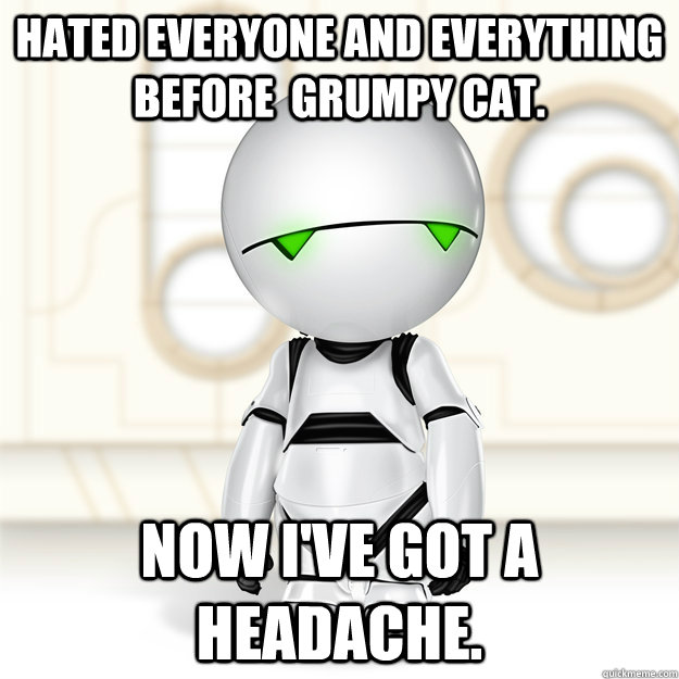 Hated Everyone and Everything before  gRUMPY CAT. Now I've got a headache.  - Hated Everyone and Everything before  gRUMPY CAT. Now I've got a headache.   HIPSTER MARVIN