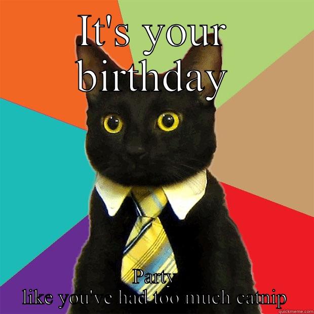 Birthday shenanigans - IT'S YOUR BIRTHDAY PARTY LIKE YOU'VE HAD TOO MUCH CATNIP Business Cat