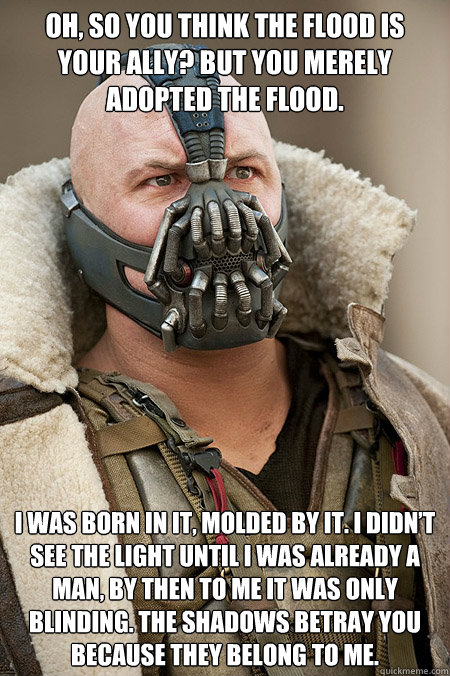 Oh, so you think the Flood is your ally? But you merely adopted the Flood. I was born in it, molded by it. I didn’t see the light until I was already a man, by then to me it was only blinding. The shadows betray you because they belong to me. - Oh, so you think the Flood is your ally? But you merely adopted the Flood. I was born in it, molded by it. I didn’t see the light until I was already a man, by then to me it was only blinding. The shadows betray you because they belong to me.  Bad Jokes Bane