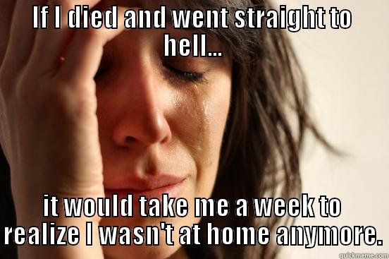 IF I DIED AND WENT STRAIGHT TO HELL... IT WOULD TAKE ME A WEEK TO REALIZE I WASN'T AT HOME ANYMORE. First World Problems