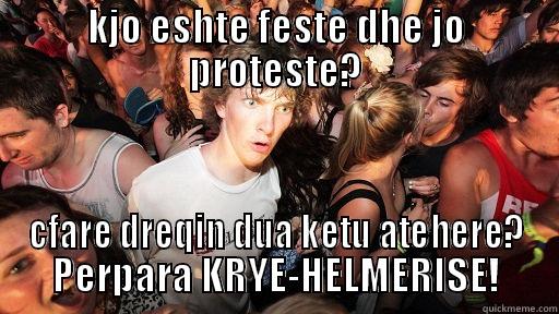 KJO ESHTE FESTE DHE JO PROTESTE? CFARE DREQIN DUA KETU ATEHERE? PERPARA KRYE-HELMERISE! Sudden Clarity Clarence
