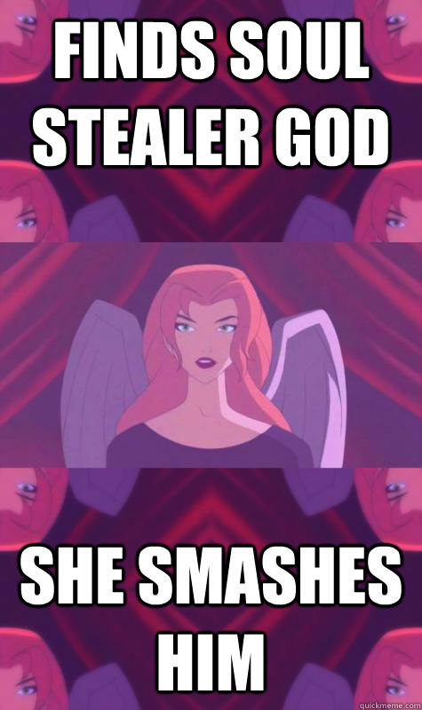 Finds soul stealer god She smashes him  Good Hawkgirl