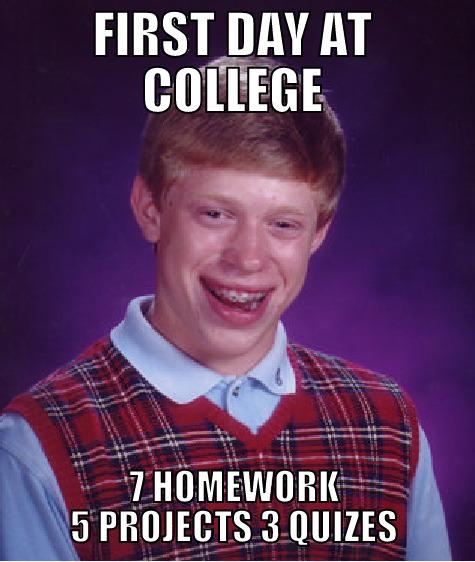 FIRST DAY AT COLLEGE 7 HOMEWORK 5 PROJECTS 3 QUIZES Bad Luck Brian