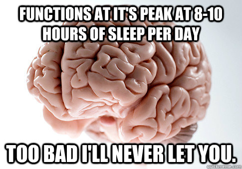 functions at it's peak at 8-10 hours of sleep per day too bad i'll never let you.   Scumbag Brain
