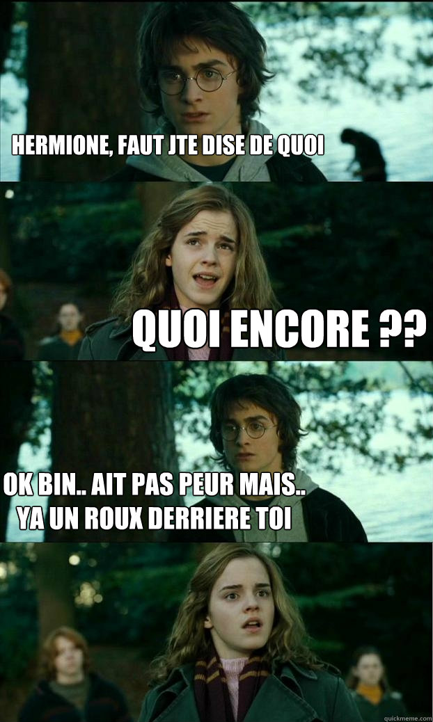 hermione, faut jte dise de quoi Quoi encore ?? ok bin.. ait pas peur mais.. ya un roux derriere toi  Horny Harry