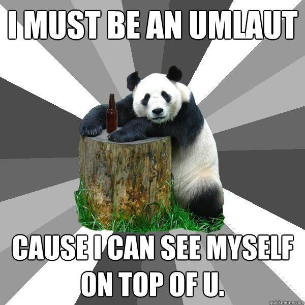 I must be an Umlaut cause i can see myself on top of u.  Pickup-Line Panda