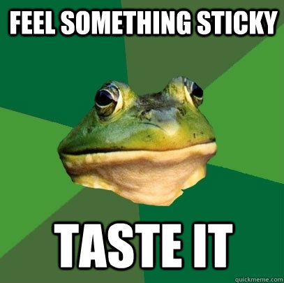 Feel something sticky Taste it  Foul Bachelor Frog