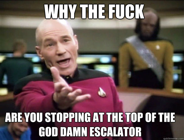 WHY THE FUCK Are you stopping at the top of the god damn escalator  Piccard 2