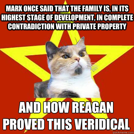 Marx once said that the family is, in its highest stage of development, in complete contradiction with private property and how Reagan proved this veridical
  Lenin Cat