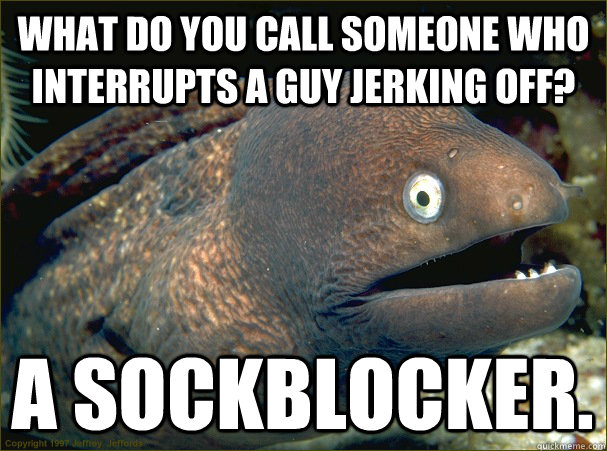 What do you call someone who interrupts a guy jerking off?  A sockblocker.  Bad Joke Eel