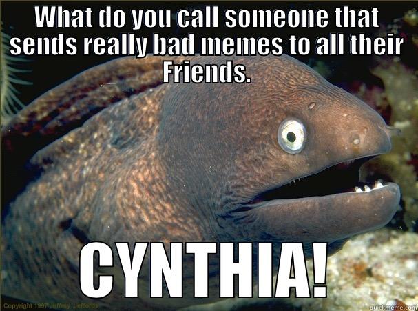 WHAT DO YOU CALL SOMEONE THAT SENDS REALLY BAD MEMES TO ALL THEIR FRIENDS. CYNTHIA! Bad Joke Eel