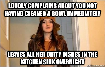 loudly complains about you not having cleaned a bowl immediately leaves all her dirty dishes in the kitchen sink overnight - loudly complains about you not having cleaned a bowl immediately leaves all her dirty dishes in the kitchen sink overnight  Scumbag Stacy