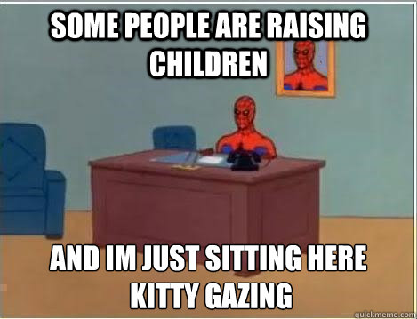 some people are raising children and im just sitting here
 kitty gazing  Spiderman Desk