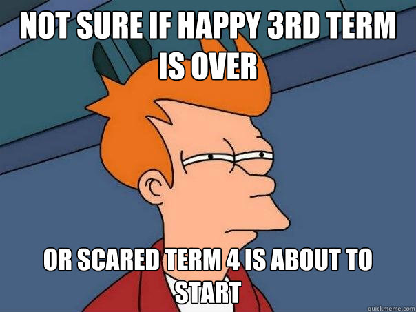 Not sure if happy 3rd term is over Or scared term 4 is about to start  Futurama Fry