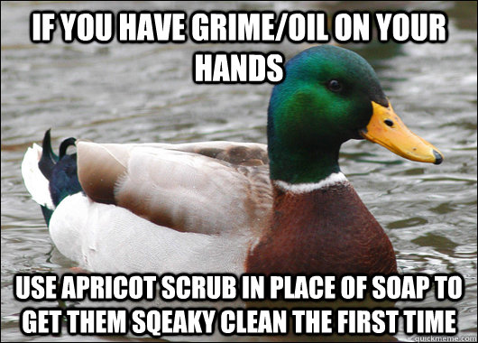If you have grime/oil on your hands  use apricot scrub in place of soap to get them sqeaky clean the first time - If you have grime/oil on your hands  use apricot scrub in place of soap to get them sqeaky clean the first time  Actual Advice Mallard