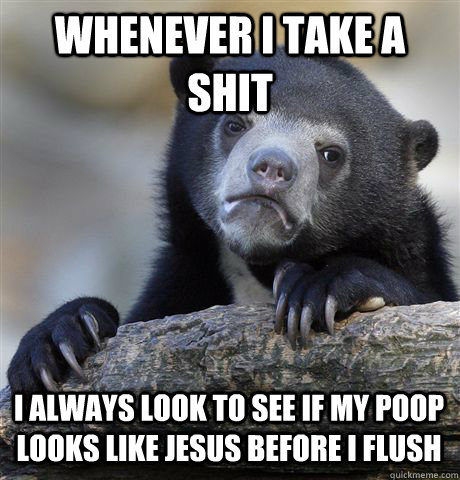 WHENEVER I TAKE A SHIT I ALWAYS LOOK TO SEE IF MY POOP LOOKS LIKE JESUS BEFORE I FLUSH  Confession Bear