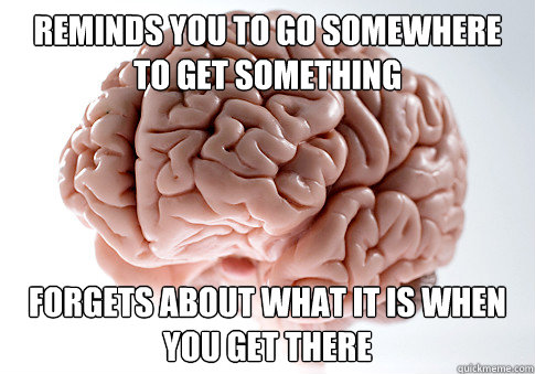 REMINDS YOU TO GO SOMEWHERE TO GET SOMETHING FORGETS ABOUT WHAT IT IS WHEN YOU GET THERE  Scumbag Brain