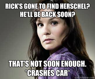 Rick's gone to find Herschel?  He'll be back soon? That's not soon enough.  *Crashes car*  Scumbag lori