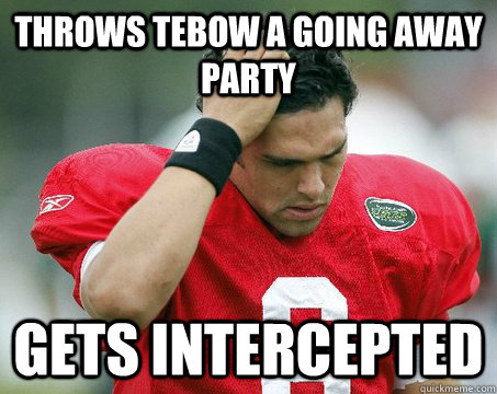 Throws Tebow a going away party Gets Intercepted  Off The Mark Sanchez