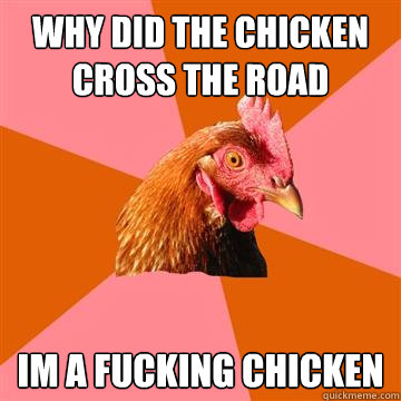 Why did the chicken cross the road im a fucking chicken  Anti-Joke Chicken
