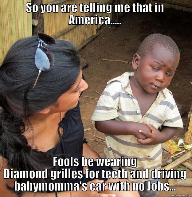SO YOU ARE TELLING ME THAT IN AMERICA..... FOOLS BE WEARING DIAMOND GRILLES FOR TEETH AND DRIVING BABYMOMMA'S CAR WITH NO JOBS... Skeptical Third World Kid